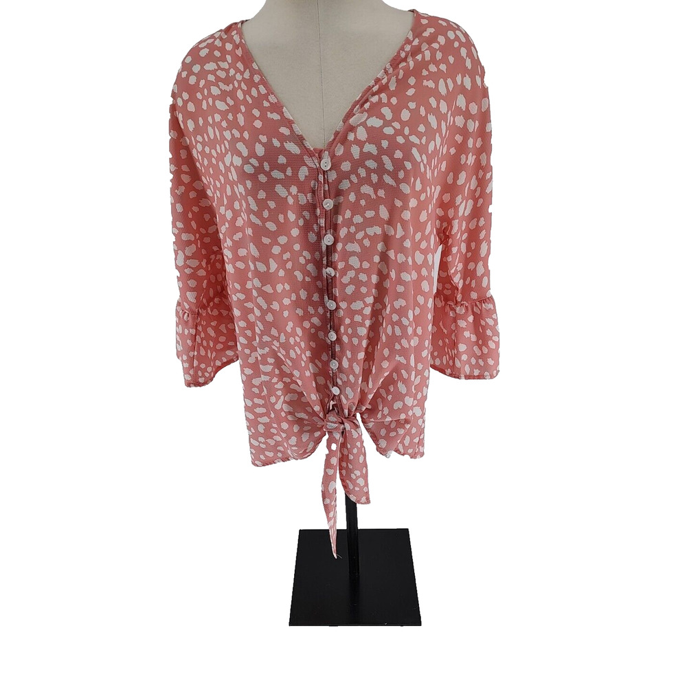 Kancystore Woman Pink Blouse Size XL Button up front Tie Bottom Ruffle at Sleeve